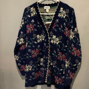 Vintage Basic Editions Floral Navy Blue Cardigan Size Large Made in U.S.A.
